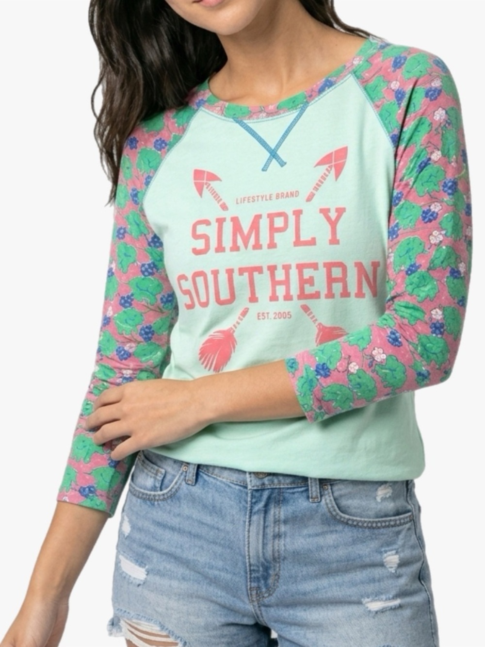 Simply Southern Mint Green Raglan Top with Pink Elephant Sleeves Womens Size M